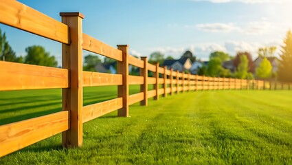 Fototapeta premium Wooden fence borders lush green lawn in sunny residential neighborhood, offering peaceful landscape with privacy, ideal for real estate, landscaping, exterior design, and background use.