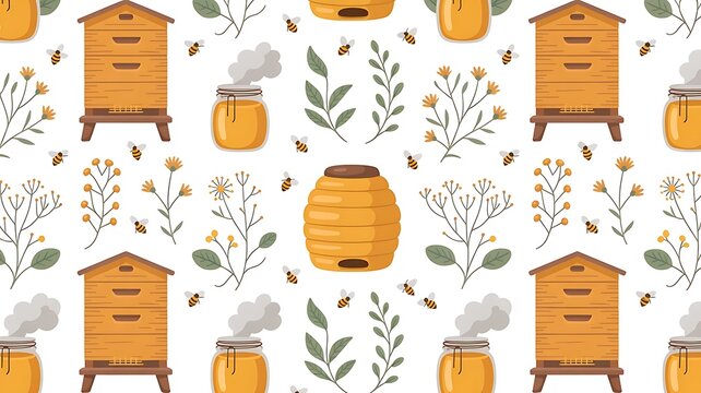 Vibrant beekeeping scene with honeybees, beehives and honey jars
