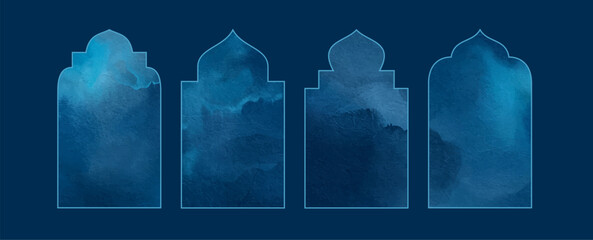 Collection of Islamic watercolor windows and arches in Oriental style. Dark night sky inside Arabic style window. Set of design elements. Ramadan Kareem window backgrounds