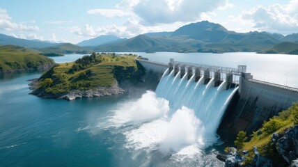 A hydroelectric dam with water cascading over its spillway in a natural landscape.