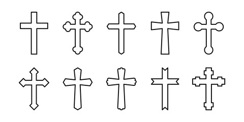 Vector isolated Christian Cross icon set in black outline