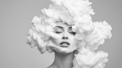 Naklejka premium Black and white photo of a woman's face obscured by shampoo foam.