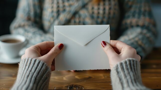 Hands with red nails excitedly tear open an envelope revealing a handwritten note.