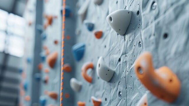 Low-angle shot of an indoor climbing wall, emphasizing its verticality and challenge.