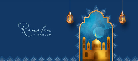 Ramadan Kareem banner with Arabic style arched window, mosque, watercolor moon night sky. Modern Islamic greeting card template