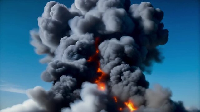 Massive mushroom-shaped ash plume expanding upward, swirling gray-black layers with glowing embers, 8K, 2026