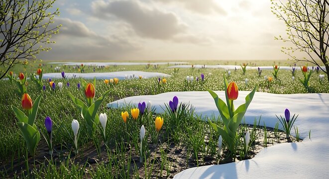 A cinematic early spring landscape showing winter slowly fading away, melting snow along forest edges, vibrant crocuses and tulip sprouts breaking through damp ground