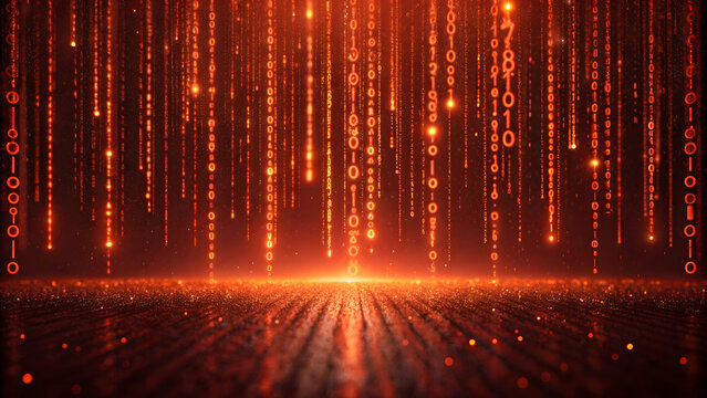 Glowing red digital code rain background with binary data streams, futuristic cyberspace environment, abstract technology matrix, data flow visualization and cyber network concept