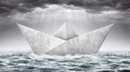 Obraz premium Paper Boat Navigating Stormy Waters Under Dark Clouds.
