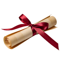 Ancient rolled parchment scroll tied securely with a deep burgundy satin ribbon bow symbolizing achievement and graduation.