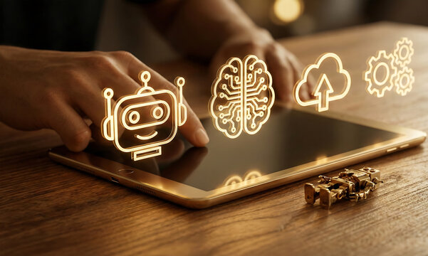 Person interacting with tablet and artificial intelligence icons on screen