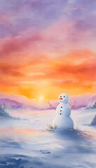 Fototapeta premium Festive winter scene watercolor snowman glows against a serene pastel sunset sky landscape