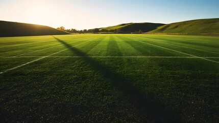 Obraz premium Golden sunlight paints a tranquil green field with long shadows creating peaceful landscape photography
