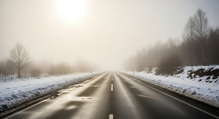 An empty road stretching into mist, winter fading into early spring, snow partially melted, foggy horizon