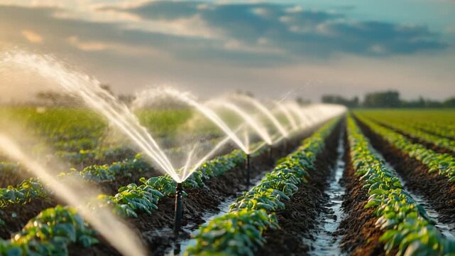 Agricultural Irrigation: Dynamic jets of water create an arc of hydration, nourishing the vibrant green rows of crops in the fertile farmland. Symbolizing efficient resource management and growth.