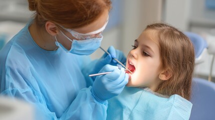 Child receives dental check-up at clinic with dentist in light blue uniform during daytime
