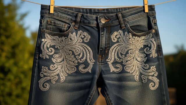 Embellished denim jeans with intricate floral rhinestone design hanging outdoors on clothesline