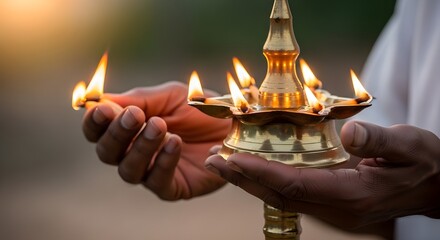 Close-Up of Weathered Hands Holding a Traditional Sri Lankan Oil Lamp at Golden Hour