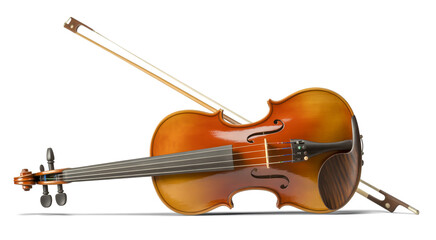 A classic wooden violin with a bow resting on a white background brown musical instrument