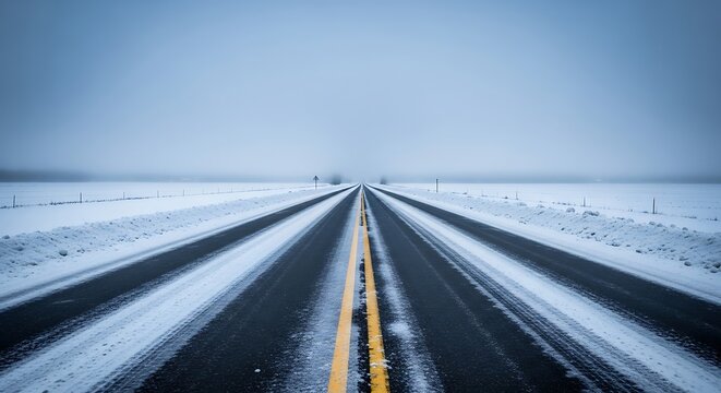 A wide empty road covered with snow, yellow center lines partially visible through melting ice, symmetrical perspective leading to the horizon