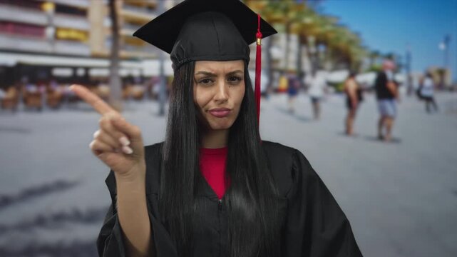 Hispanic woman wearing graduation cap and gown gestures disagreement on a city street with blurred buildings in the background.