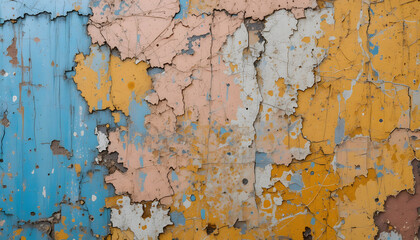 Vibrant colors peek through peeling layers of old paint on a weathered wall