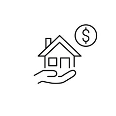 House in hand and dollar. Property cost, real estate payment, home investment expense. Pixel perfect, editable stroke vector icon