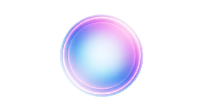 Abstract 3D iridescent glowing sphere with soft pink and blue gradient isolated on white background. Futuristic holographic orb, glassmorphism design element for modern UI/UX and technology concepts.
