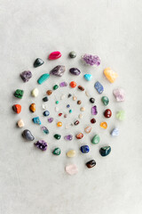 Colorful Spiral of Polished Crystals and Raw Gemstones