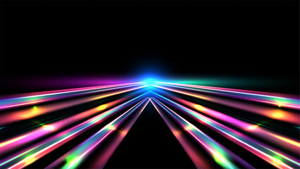 Futuristic neon light trails with motion blur converging toward horizon on black background for high speed technology and data transmission concept