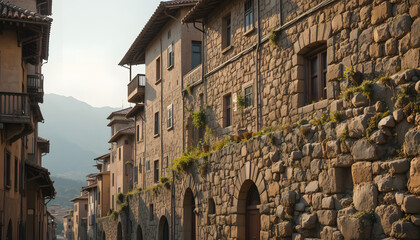 Historic stone buildings line a quaint mountain street