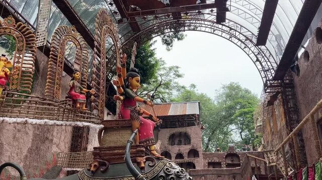 Beautiful Durga puja pandal with tribal shaped structure