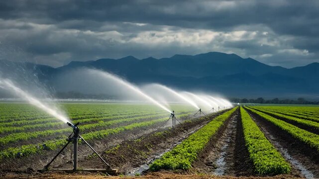 Irrigation System in the Field: Modern irrigation system spraying water, watering rows of crops in agricultural field.