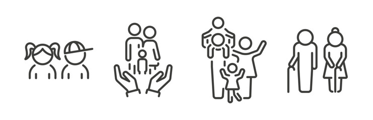 Family icon set, contains such as mother, father, grandmother, grandfather, children, family support, line vector art