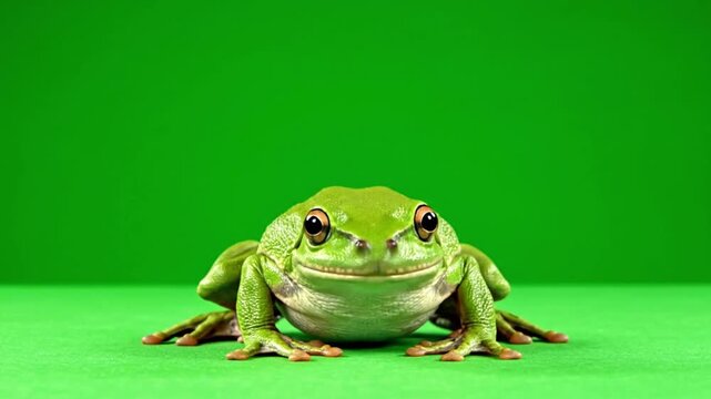A green frog sitting on a green background looking directly at the camera.