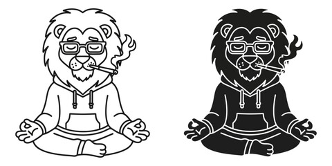 Cool lion in hoodie smoking and meditating in lotus position
