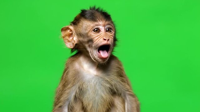 Surprised baby monkey with open mouth against green screen.