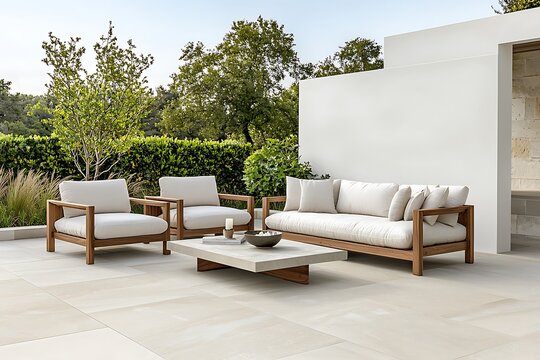 Modern Outdoor Lounge Area with Stylish Sofa and Armchairs Surrounded by Lush Greenery