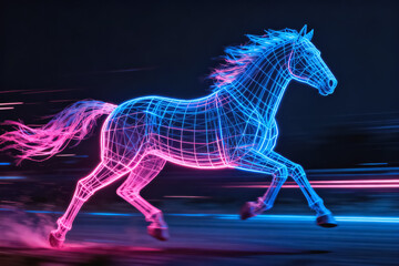 Fototapeta premium Neon Wireframe Horse Running with Motion Blur