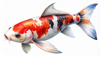 Stunning watercolor painting of a vibrant koi fish with red, white, and black markings
