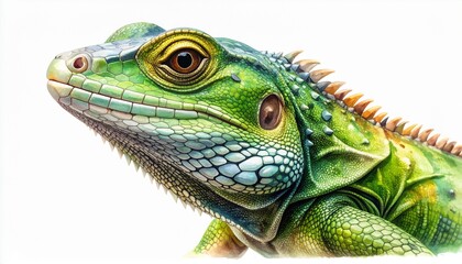 Fototapeta premium Vibrant Green Iguana with Detailed Scales and Smooth Gradient Hues, a Tropical Reptile Portrait against White