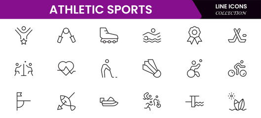 Athletic Sports Icons vector illustration with thin line contains a medal, football, basketball, cycling, athlete, racket, table tennis, sparing, cardio, gym, weight training, golf, volleyball