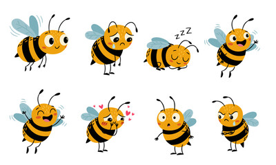 A cute collection of bees with different emotions and in different poses. A set of flat vector illustrations. . Vector illustration