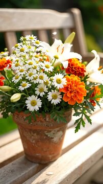 Colorful flowers in a pot on a bench