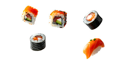 Overhead shot of five sushi pieces various maki rolls and a nigiri against a black backdrop