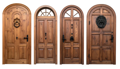 Four aged wooden doors of varied design, all arched and standing upright against black