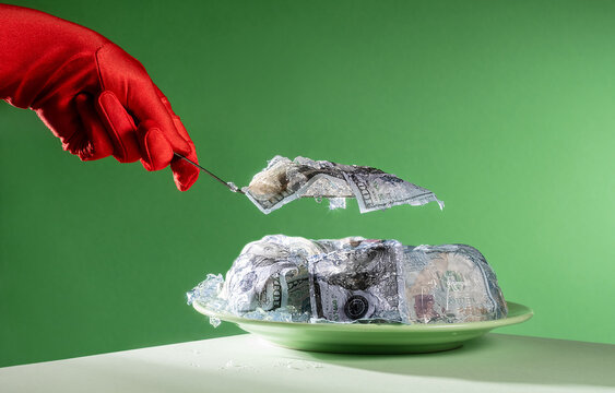 Hand in red glove cutting jelly cake with money on green background