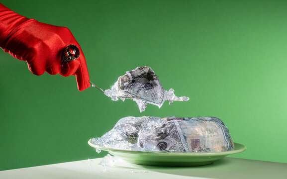 Money encased in jelly cake being sliced with knife by red gloved hand