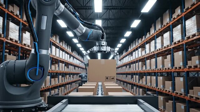 Robotic Arm Handling Box in Modern Warehouse with Shelves and Conveyor Belt