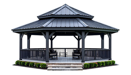 Octagonal gazebo with dark roof and trim, patio furniture, and landscaping, against black backdrop